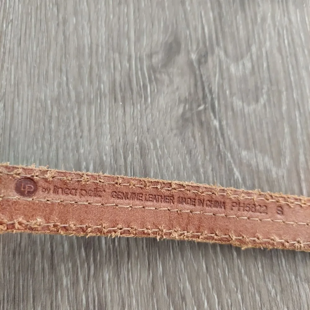 LP by Linea Pelle Brown Leather Skinny Belt Gold Sequin Accents Small